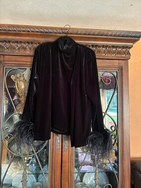 MSK Black Velvet Turtleneck Sweater with Feather Cuffs
